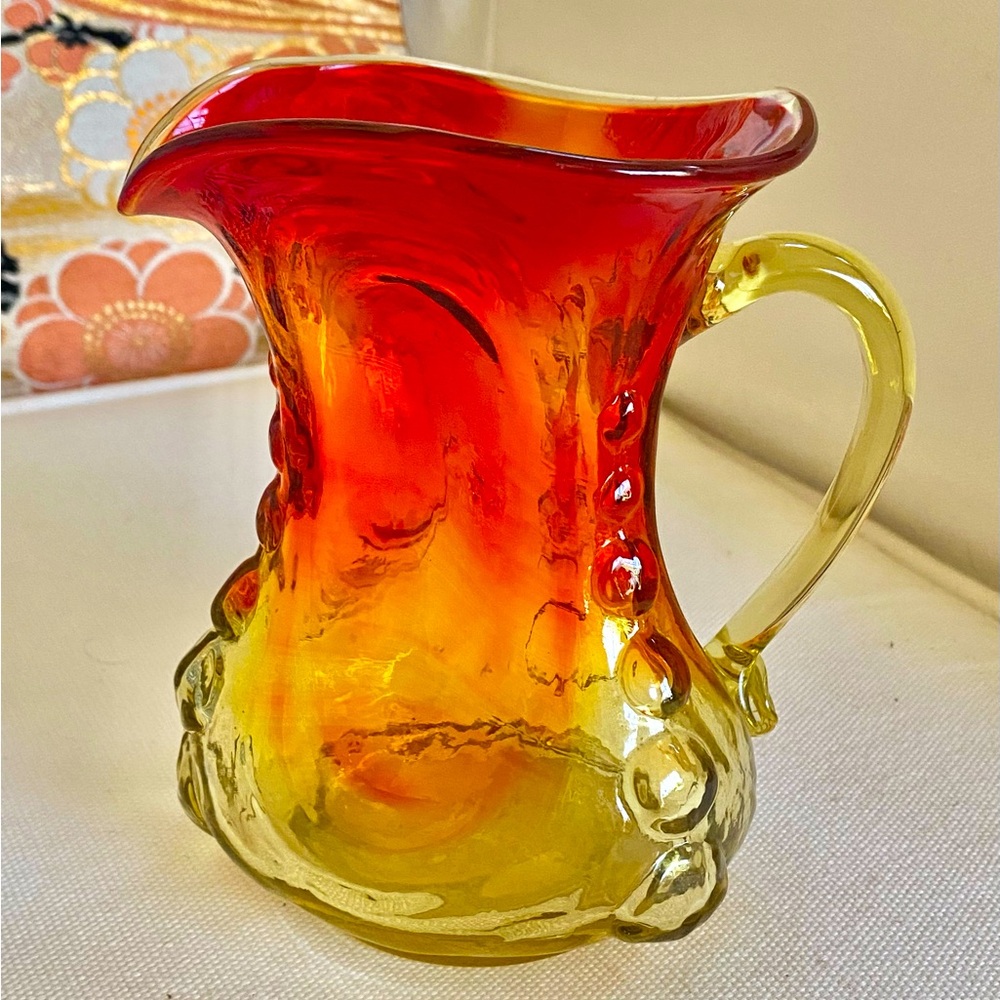 Vintage Kanawha Art Glass Amberina Pitcher w/ Applied Handle Spanish Knobs 5.5”